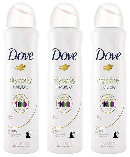 Dove Antiperspirant Dry Spray - Invisible - Clear Finish - 3.8 OZ (107 g) Per Can - Pack of 3 Cans - Renee Lane Company