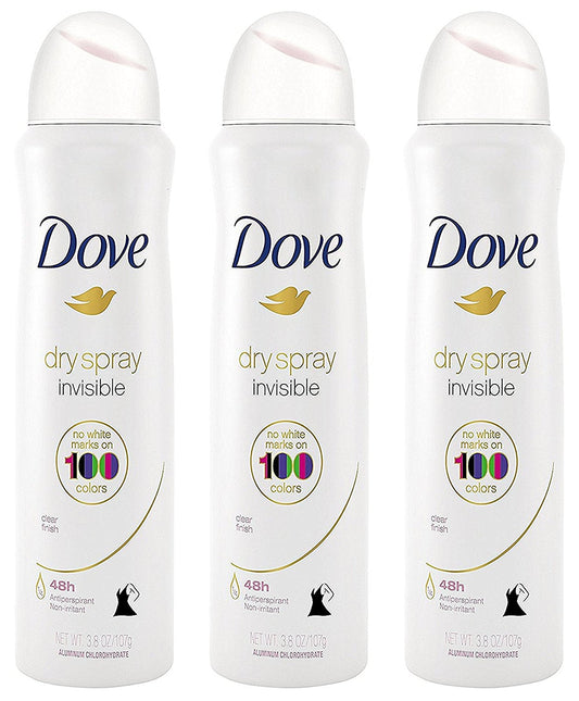 Three Dove dry spray antiperspirant cans, clear finish, invisible formula