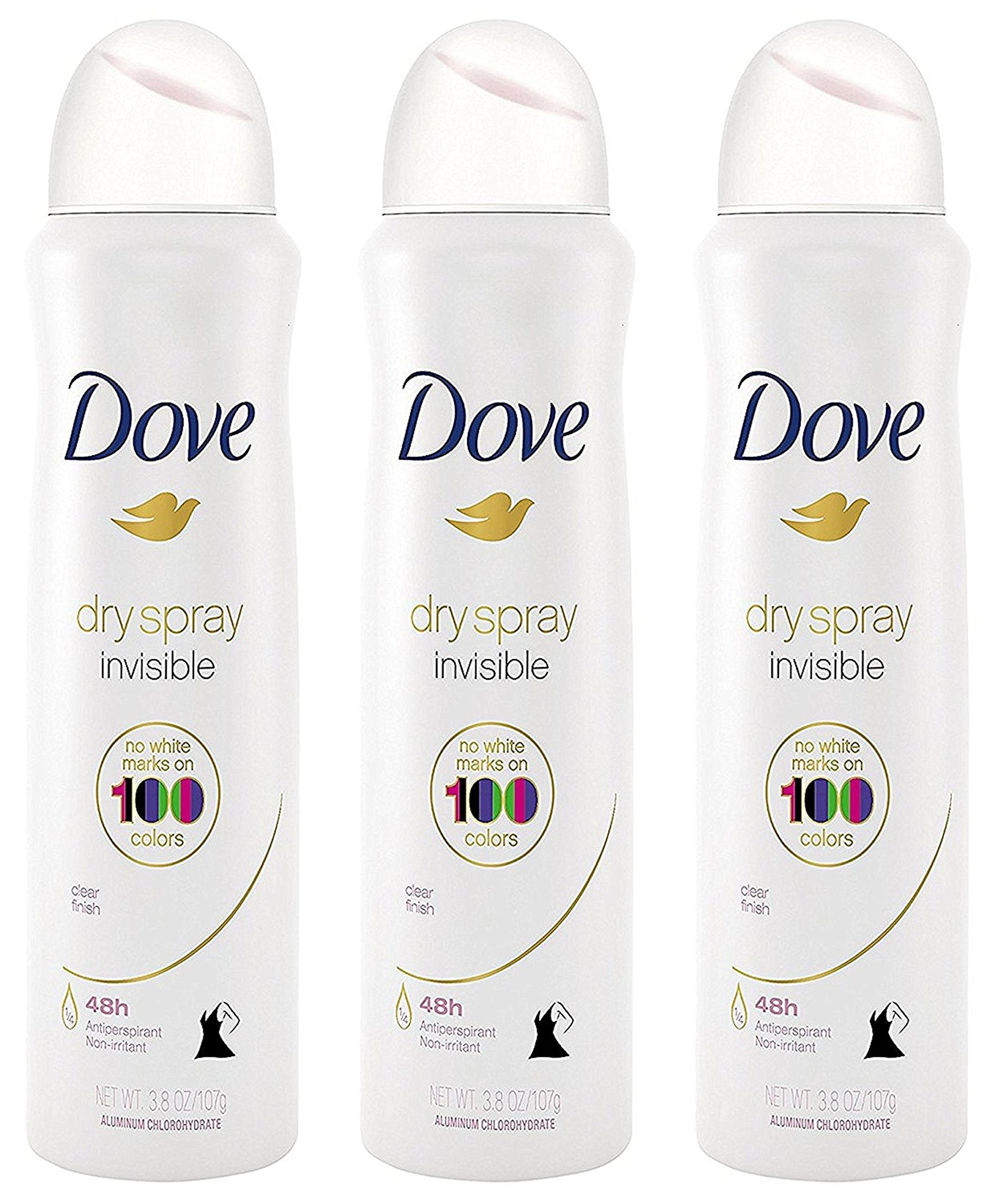 Dove Antiperspirant Dry Spray - Invisible - Clear Finish - 3.8 OZ (107 g) Per Can - Pack of 3 Cans - Renee Lane Company
