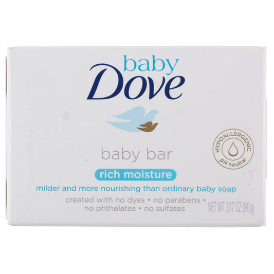 Baby soap bar rich moisture, Dove Baby, 3.17 oz, baby bar label and details