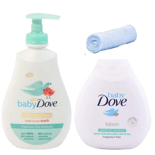 Baby bath set with pump wash lotion bottles and blue wash cloth, white bottles