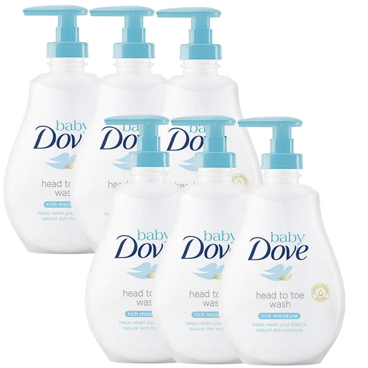 Pack of Dove baby head to toe body wash: white bottles, blue pumps