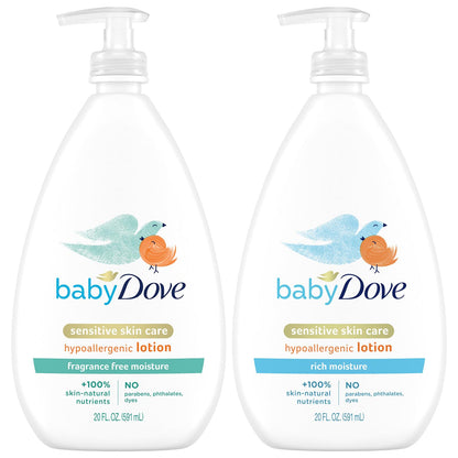 Dove Baby Lotion Bundle – Sensitive Skin Care Hypoallergenic Lotion Nourishing & Hydrating Baby Lotion for Newborn Rich Moisture & Fragrance Free Moisture 20 Oz (2 Piece Set) - Renee Lane Company