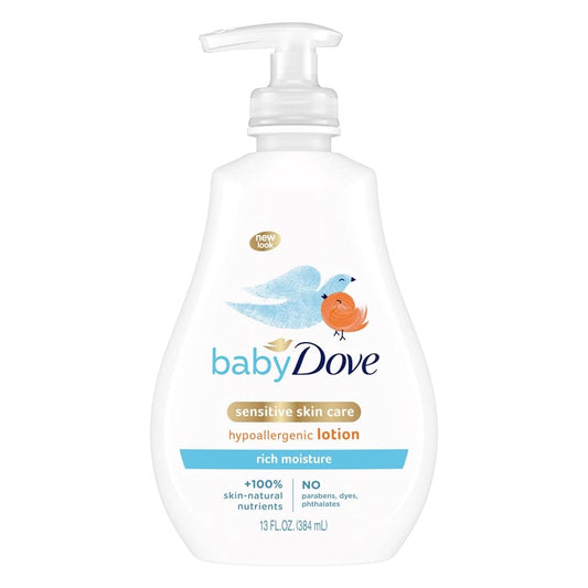 Baby Dove rich moisture lotion pump bottle with sensitive skin care label