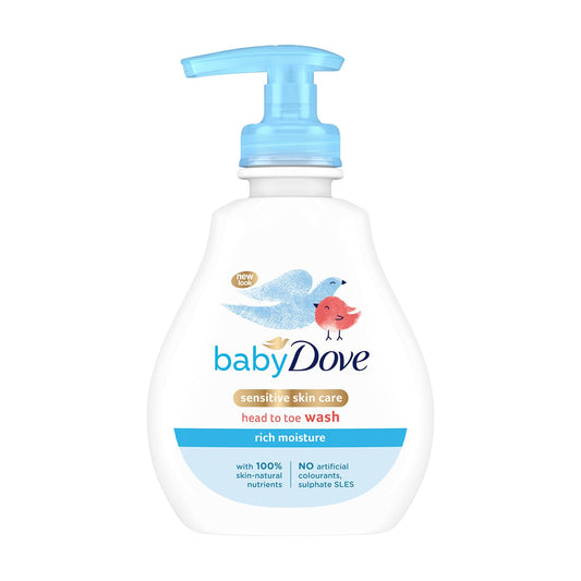 Baby Dove gentle cleanser bottle with pump, rich moisture label, blue cap, 200 ml