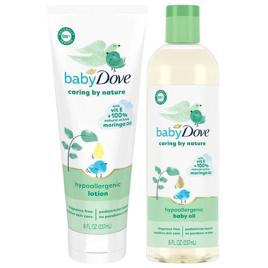 Hypoallergenic baby lotion and oil set with green-capped lotion tube and oil bottle, 8 fl oz each.