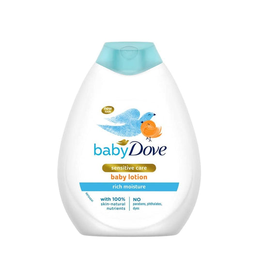 Dove baby lotion bottle, white with aqua cap; rich moisture sensitive care label