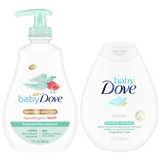 Baby Dove bundle with sensitive skin wash and fragrance-free lotion bottles.