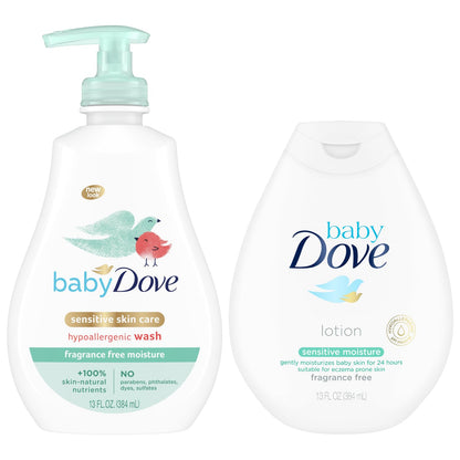 Dove Baby Sensitive Skin Care Bundle – Hypoallergenic Wash & Baby Lotion Fragrance Free Moisture Baby Gift Set 13 Oz Ea (2 Piece Set) - Renee Lane Company