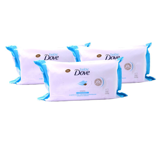 Baby Dove wipes pack trio, white wipes with blue sealed wrappers