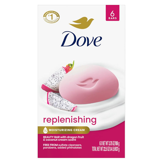 Dove replenishing dragon fruit bar soap box, pink soap bar and 6 bars badge