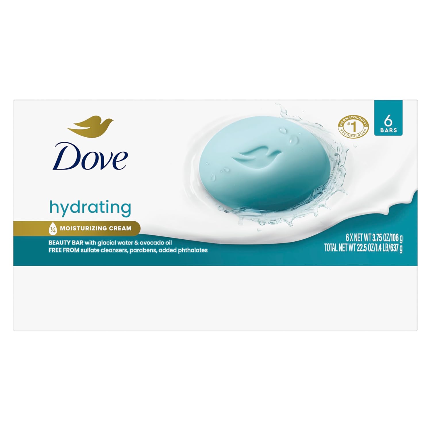Dove Beauty Bar 6 Pack Hydrating with Glacial water & Avocado oil Cleanses & Hydrates 3.75 Oz - Renee Lane Company