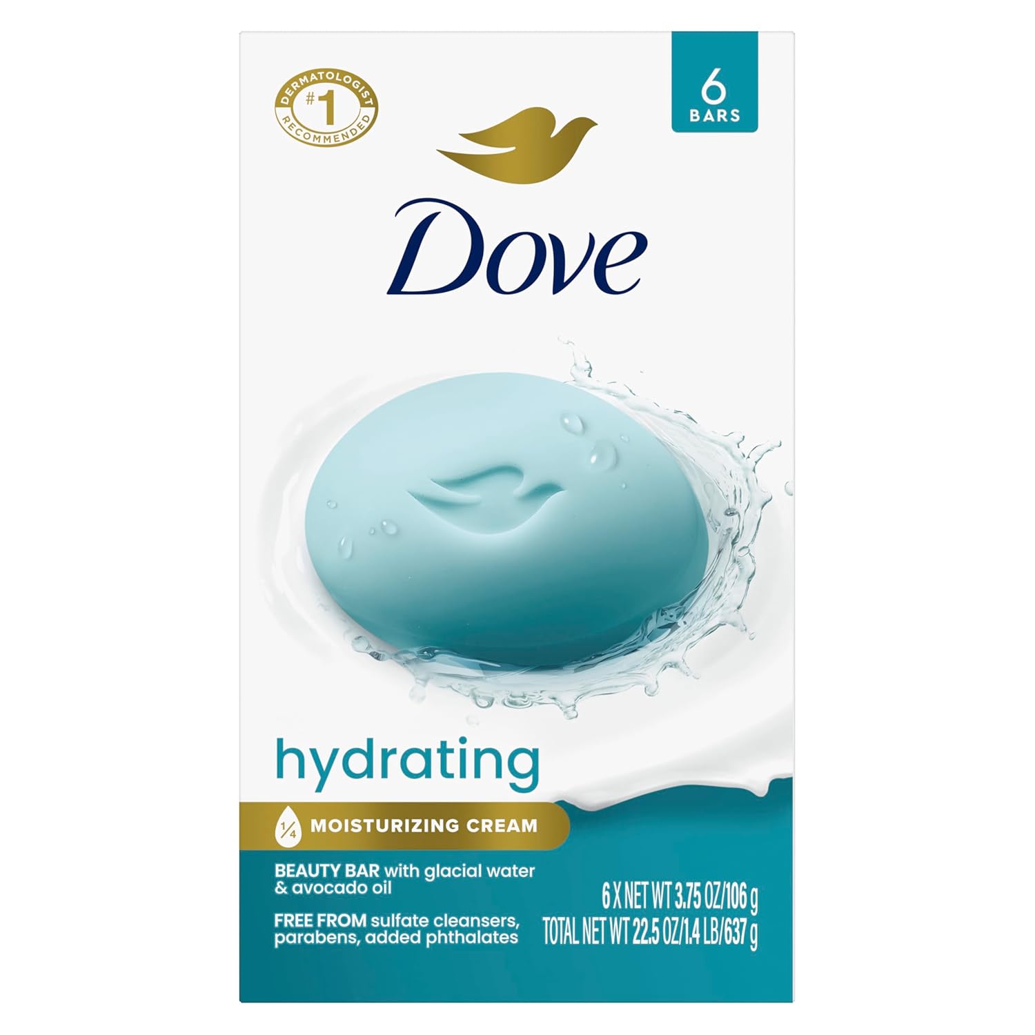 Dove Beauty Bar 6 Pack Hydrating with Glacial water & Avocado oil Cleanses & Hydrates 3.75 Oz - Renee Lane Company