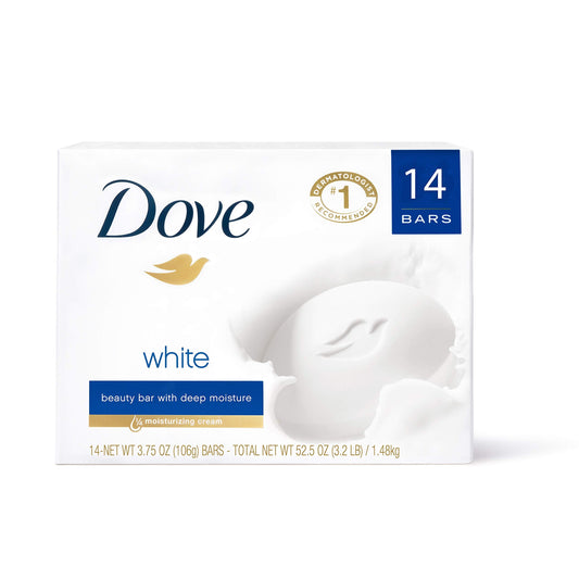 Dove white beauty bar cleanser, 14 bars box with dove emblem and '1' badge