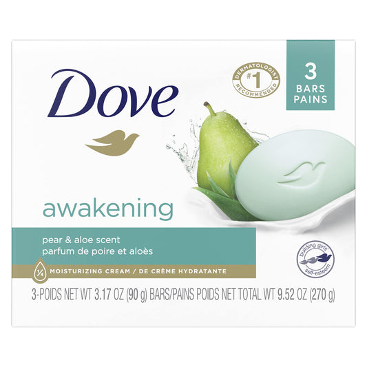 Soap bar multipack box showing three bars for Dove; light green bar, awakening label