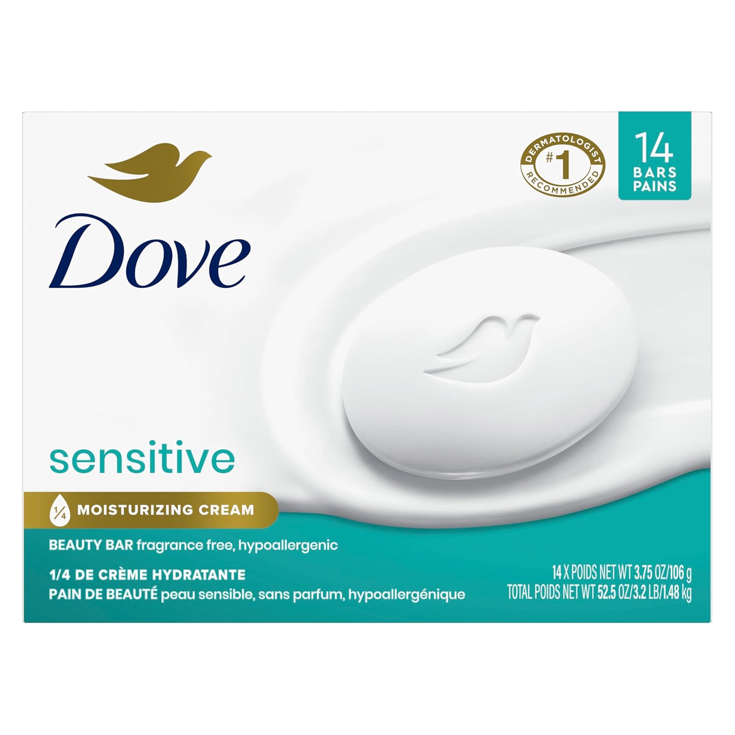Dove Beauty Bar More Moisturizing Than Bar Soap for Softer Skin, Fragrance-Free, Hypoallergenic Beauty Bar Sensitive Skin With Gentle Cleanser 3.75 oz 14 Bars - Renee Lane Company