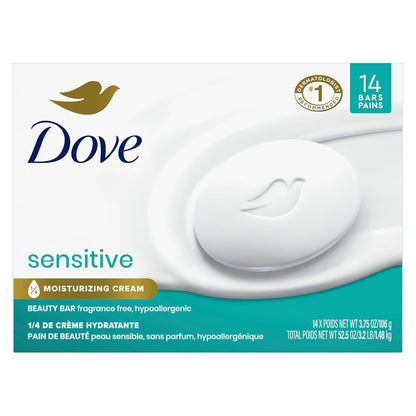 Dove Beauty Bar More Moisturizing Than Bar Soap for Softer Skin, Fragrance-Free, Hypoallergenic Beauty Bar Sensitive Skin With Gentle Cleanser 3.75 oz 14 Bars - Renee Lane Company