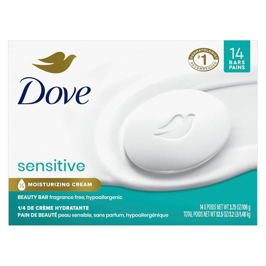 Dove sensitive fragrance-free beauty bar soap box with white bar