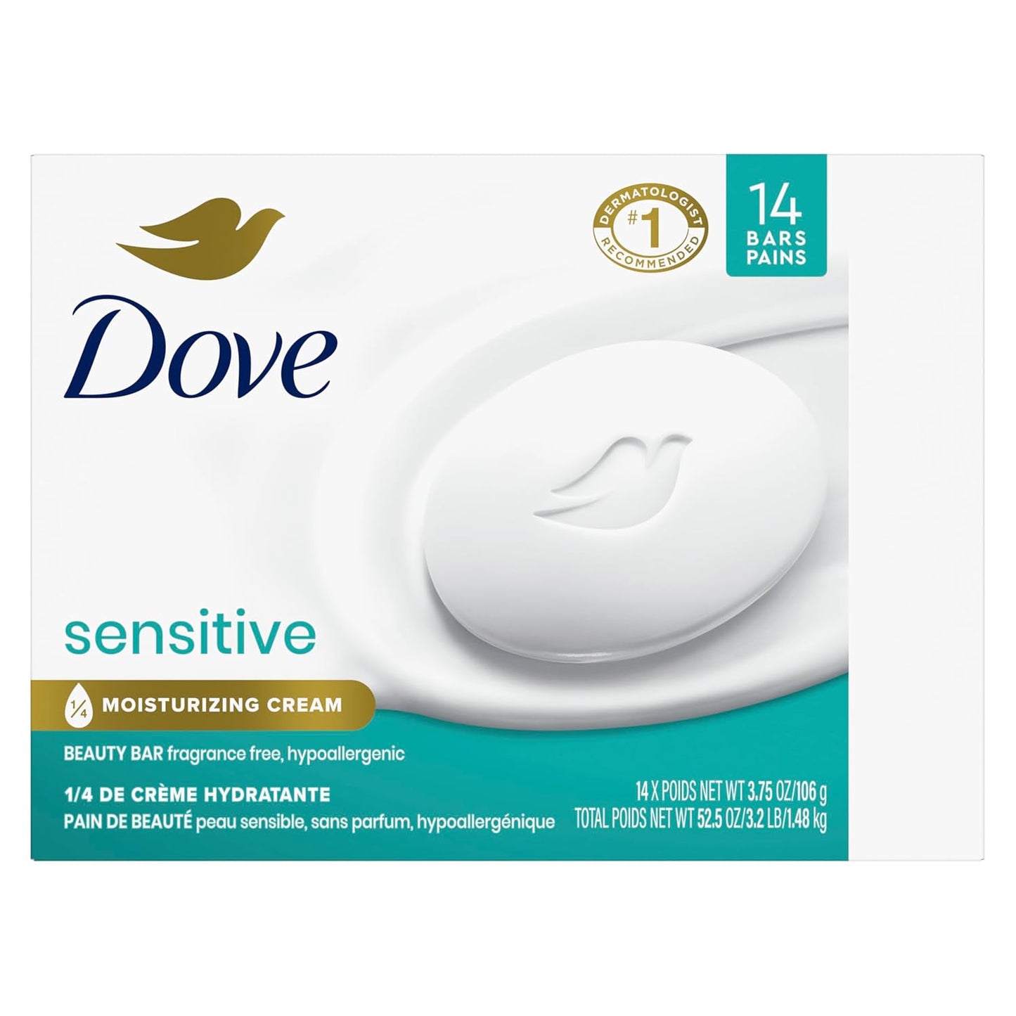 Dove Beauty Bar More Moisturizing Than Bar Soap for Softer Skin, Fragrance-Free, Hypoallergenic Beauty Bar Sensitive Skin With Gentle Cleanser 3.75 oz 14 Bars - Renee Lane Company