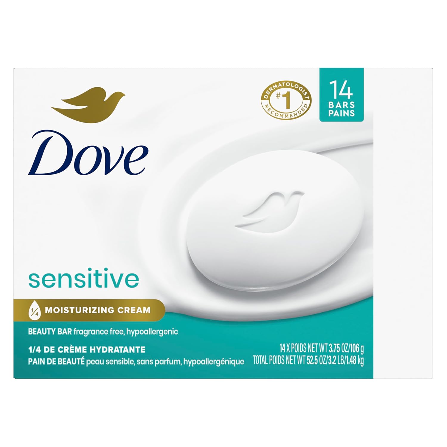 Dove Beauty Bar More Moisturizing Than Bar Soap for Softer Skin, Fragrance-Free, Hypoallergenic Beauty Bar Sensitive Skin With Gentle Cleanser 3.75 oz 14 Bars - Renee Lane Company