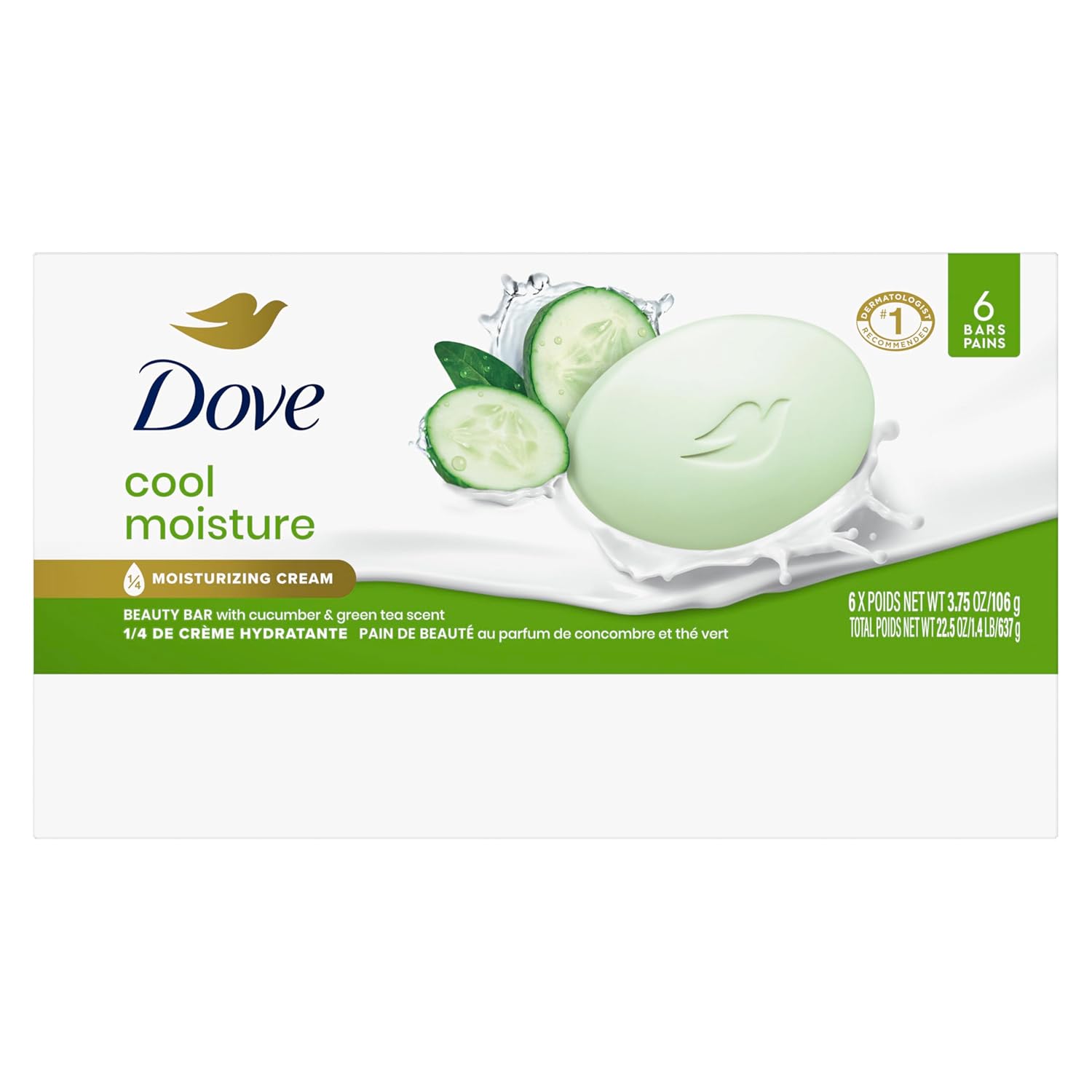 Dove Beauty Bar Soap Cool Moisture Cucumber & Green Tea Scent, 6 Bars for Refreshed Skin, Leaves Skin Refreshed 3.75 oz - Renee Lane Company