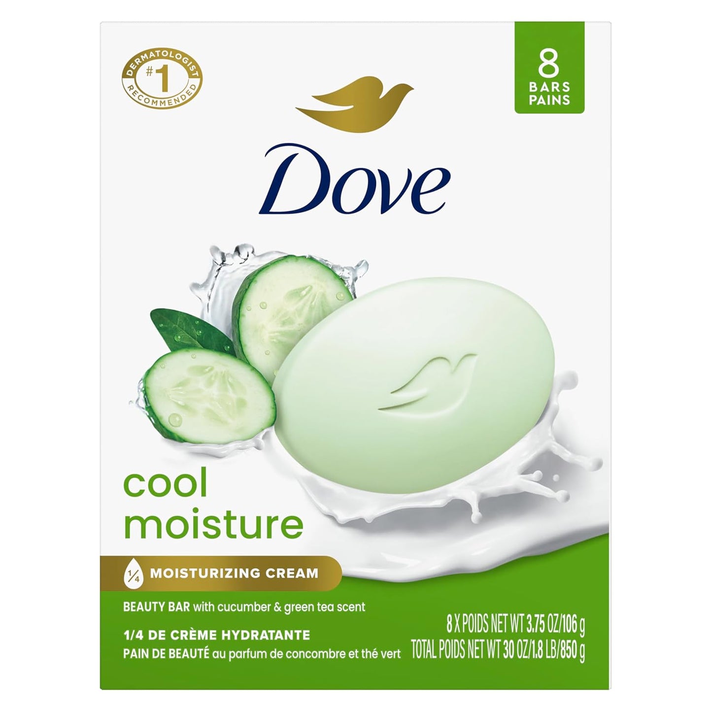 Dove Beauty Bar Soap Cool Moisture Cucumber & Green Tea Scent, 8 Bars for Refreshed Skin, Leaves Skin Refreshed 3.75 oz - Renee Lane Company