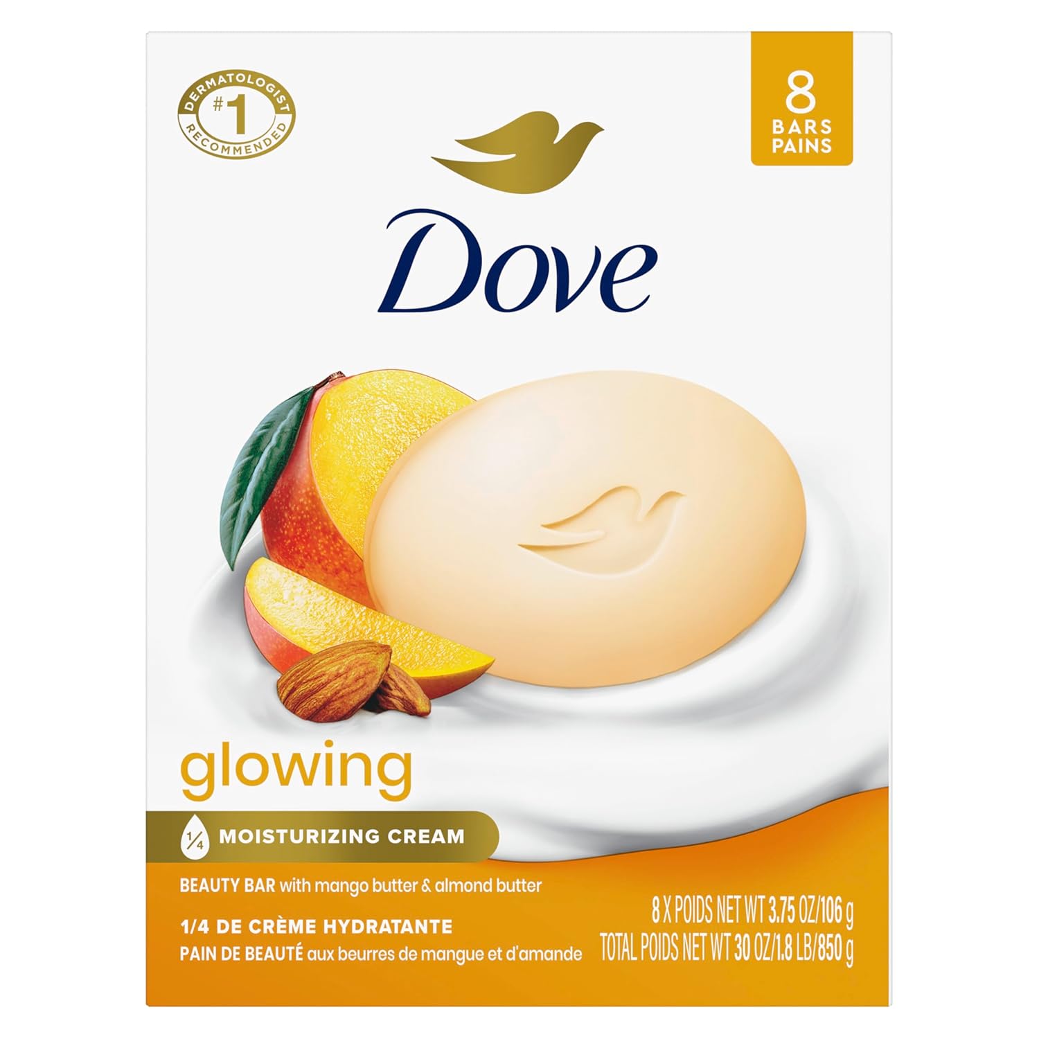 Dove Beauty Bar Soap Glowing Mango & Almond Butters, 8 Bars for Radiant Skin, Illuminates Skin 3.75 oz - Renee Lane Company
