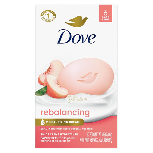 Dove beauty bar soap rebalancing box with pink bar, peach and rice milk