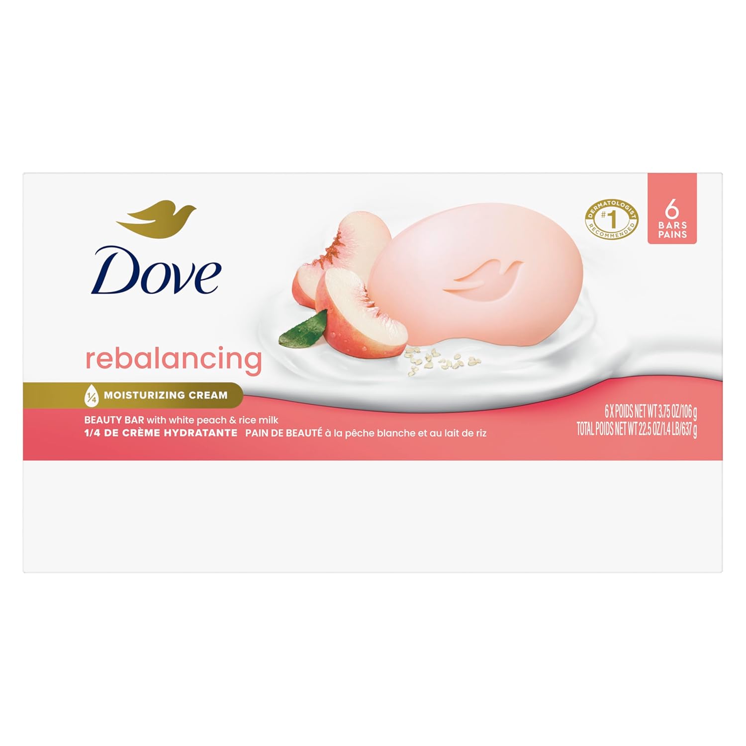 Dove Beauty Bar Soap Rebalancing White Peach & Rice Milk 6 Count for a Nourished and Moisturized Skin, with ¼ Moisturizing Cream Plant-Based Formula, 3.75 oz - Renee Lane Company