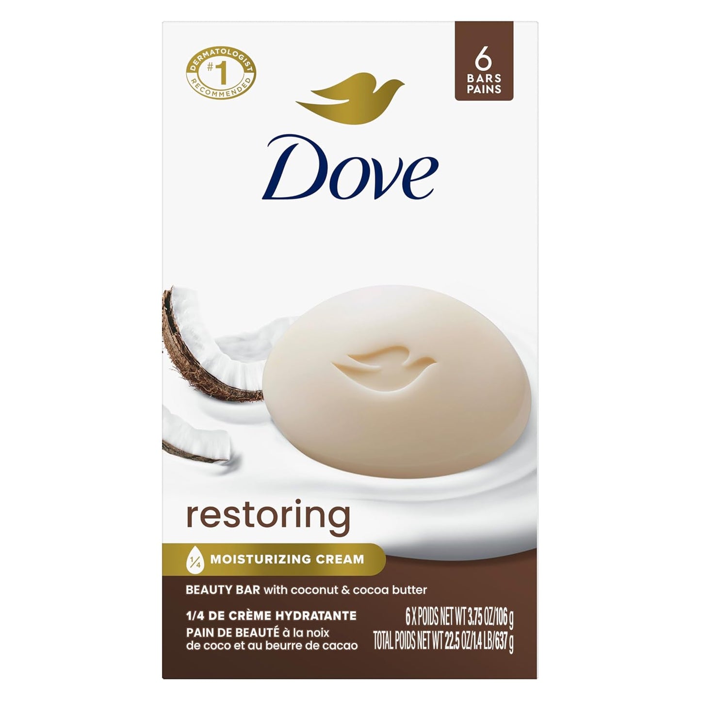 Dove Beauty Bar Soap Restoring Coconut & Cocoa Butter 6 Count for Restored Skin, Nourishes Skin 3.75 oz - Renee Lane Company