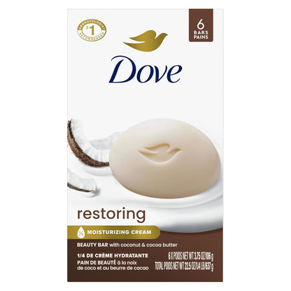 Dove Beauty Bar Soap Restoring Coconut & Cocoa Butter 6 Count for Restored Skin, Nourishes Skin 3.75 oz - Renee Lane Company