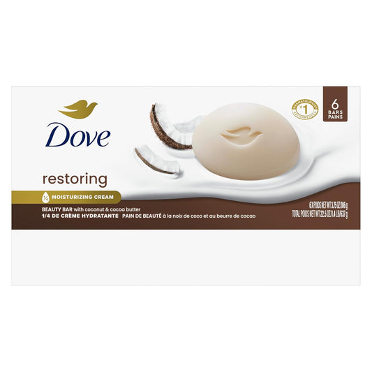 Dove Beauty Bar Soap Restoring Coconut & Cocoa Butter 6 Count for Restored Skin, Nourishes Skin 3.75 oz - Renee Lane Company