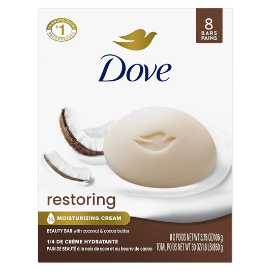 Dove Beauty Bar Soap Restoring Coconut & Cocoa Butter, 8 Bars for Restored Skin, Nourishes Skin 3.75 oz - Renee Lane Company