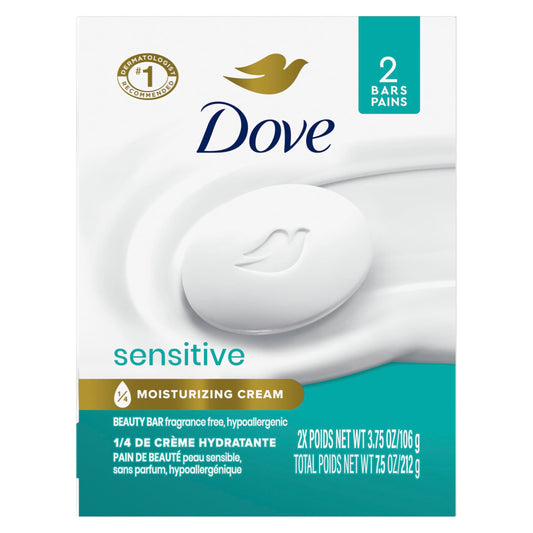 Dove Beauty Bar Soap Sensitive 2 Count for Sensitive Skin Fragrance Free and Hypoallergenic 3.75 oz - Renee Lane Company