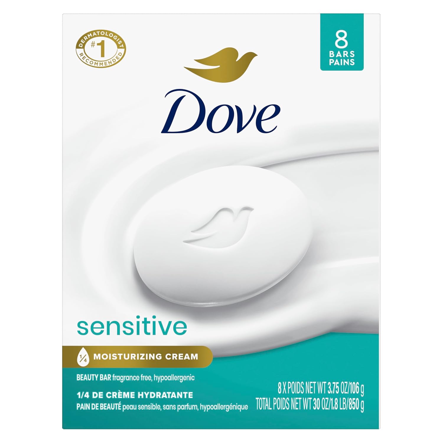 Dove Beauty Bar Soap Sensitive, 8 Bars for Sensitive Skin, Fragrance Free and Hypoallergenic 3.75 oz - Renee Lane Company