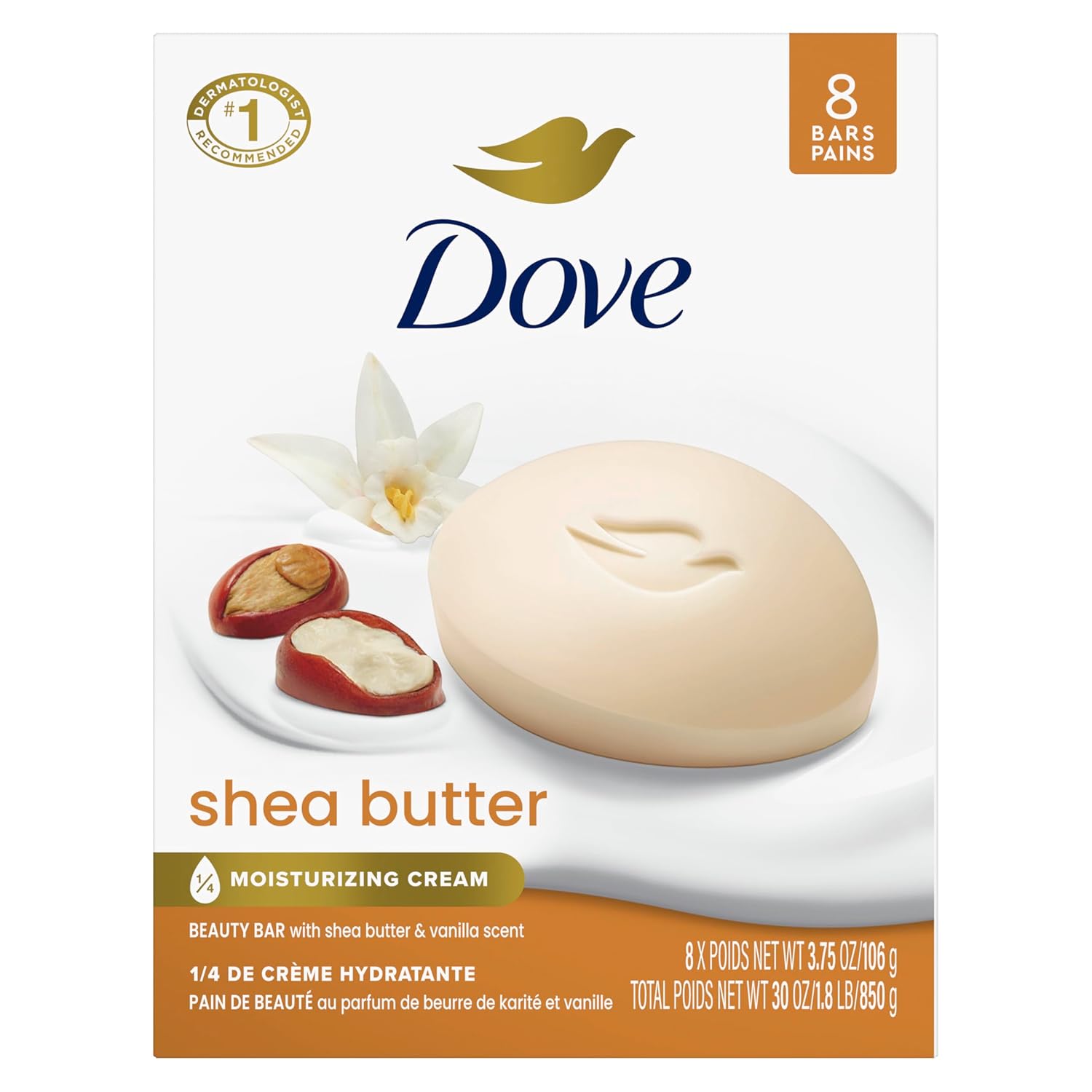 Dove Beauty Bar Soap Shea Butter, 8 Bars for Nourished, Radiant Skin, Enriches Skin 3.75 oz - Renee Lane Company