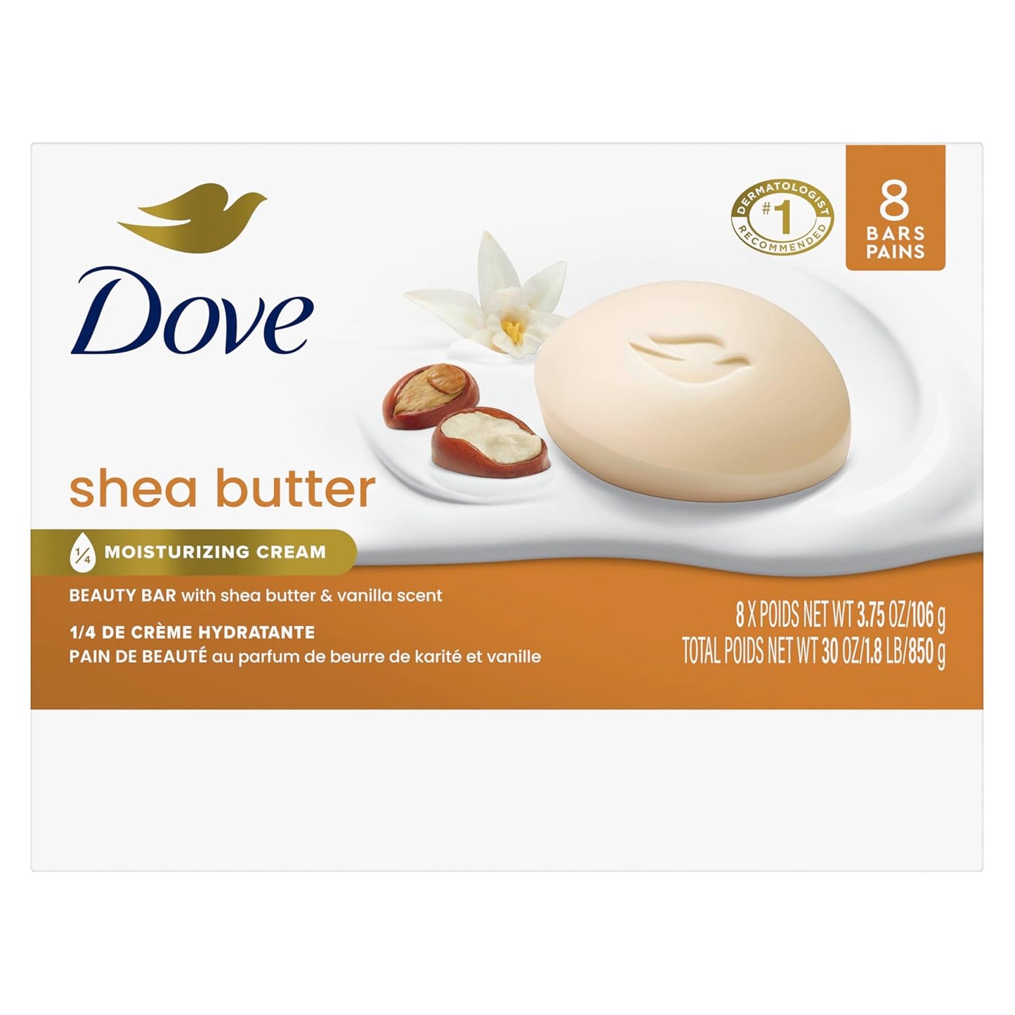 Dove Beauty Bar Soap Shea Butter, 8 Bars for Nourished, Radiant Skin, Enriches Skin 3.75 oz - Renee Lane Company