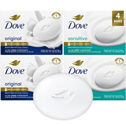 Beauty bar soap 4-pack with moisturizing cream; four white Dove bars, original and sensitive