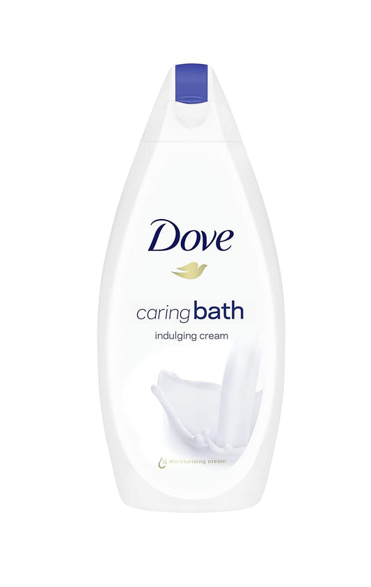 Bath and body wash bottle with blue cap, white Dove Caringbath indulging cream label