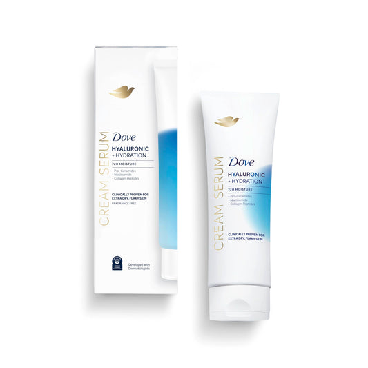 Dove body cream serum lotion with white tube and boxed package, blue hydration label