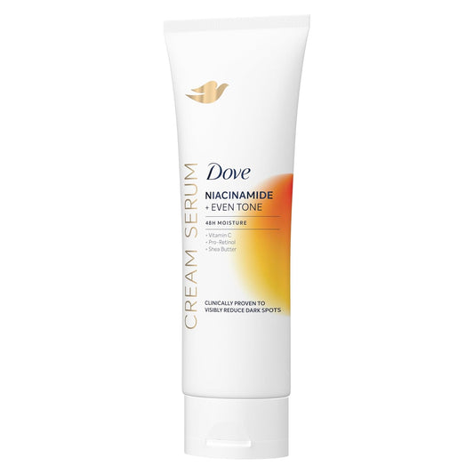 Dove body cream serum tube, white with gold accents, cream moisturizer for dark spots