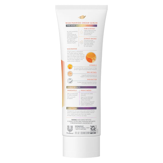 Dove body cream serum back label on white tube with gold-orange stripe