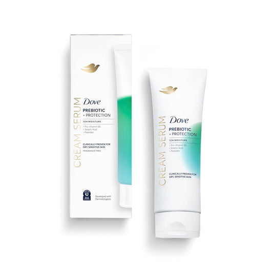 Prebiotic body cream serum and lotion tube, white with teal gradient, included packaging