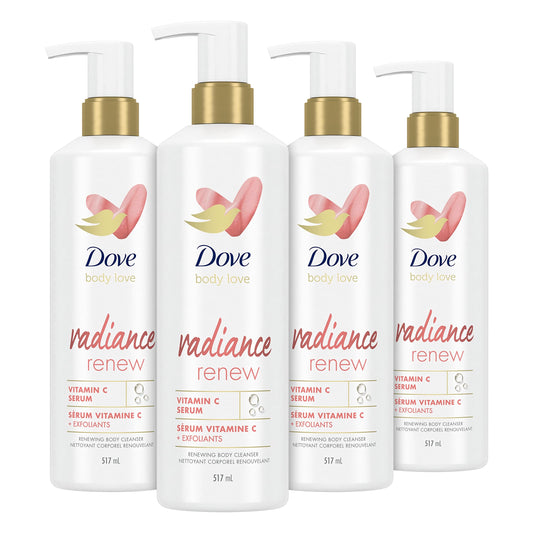 Dove body cleanser bottles with gold pumps, white plastic, Radiance Renew labels