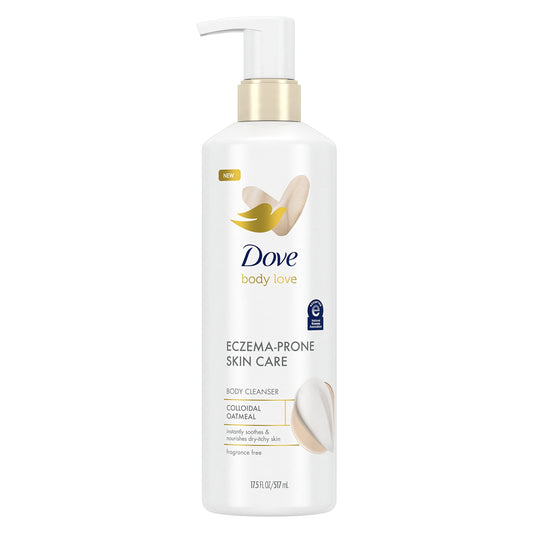 Eczema-prone body wash bottle with gold pump and colloidal oatmeal, fragrance free
