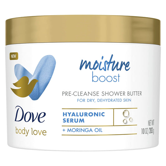 Shower cleansing butter jar, white with gold lid and Moisture Boost label