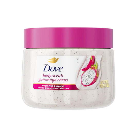 Body scrub jar with purple lid and white label featuring dragon fruit & coconut.