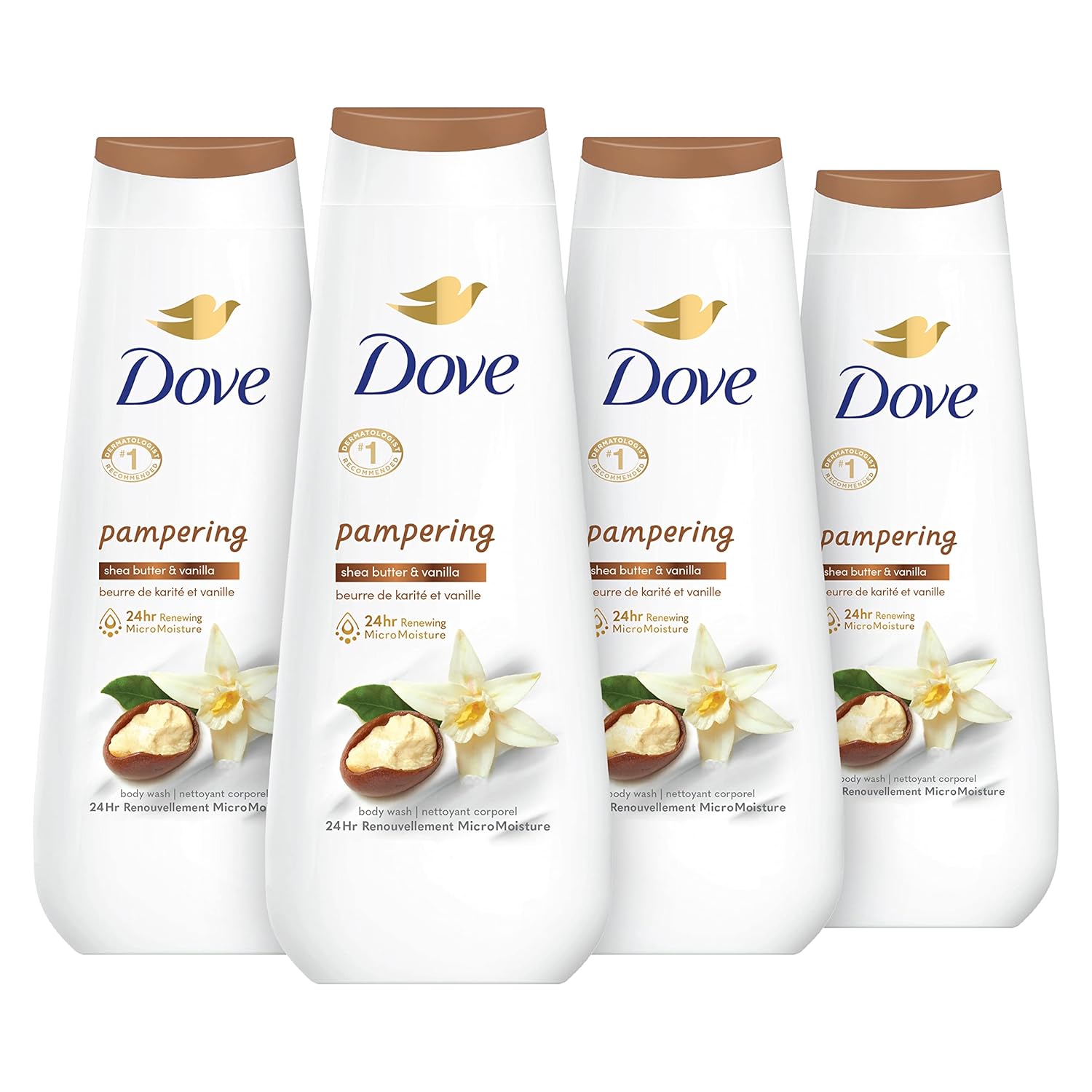 Dove Body Wash 4 Count Pampering Shea Butter & Vanilla for Renewed, Healthy-Looking Skin Gentle Skin Cleanser with 24hr Renewing MicroMoisture 20 oz - Renee Lane Company