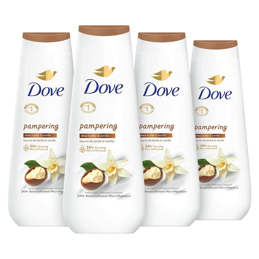 Dove pampering body wash bottles set, white bottles with tan caps and shea butter vanilla label