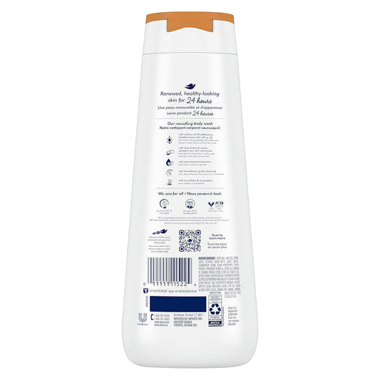 Dove pampering body wash bottle back view, white bottle with tan cap and product information